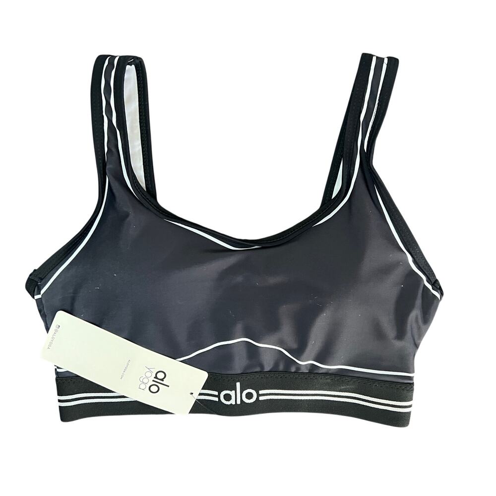 Alo Yoga Sports Bra Black Reflective Trim Logo Band Size M